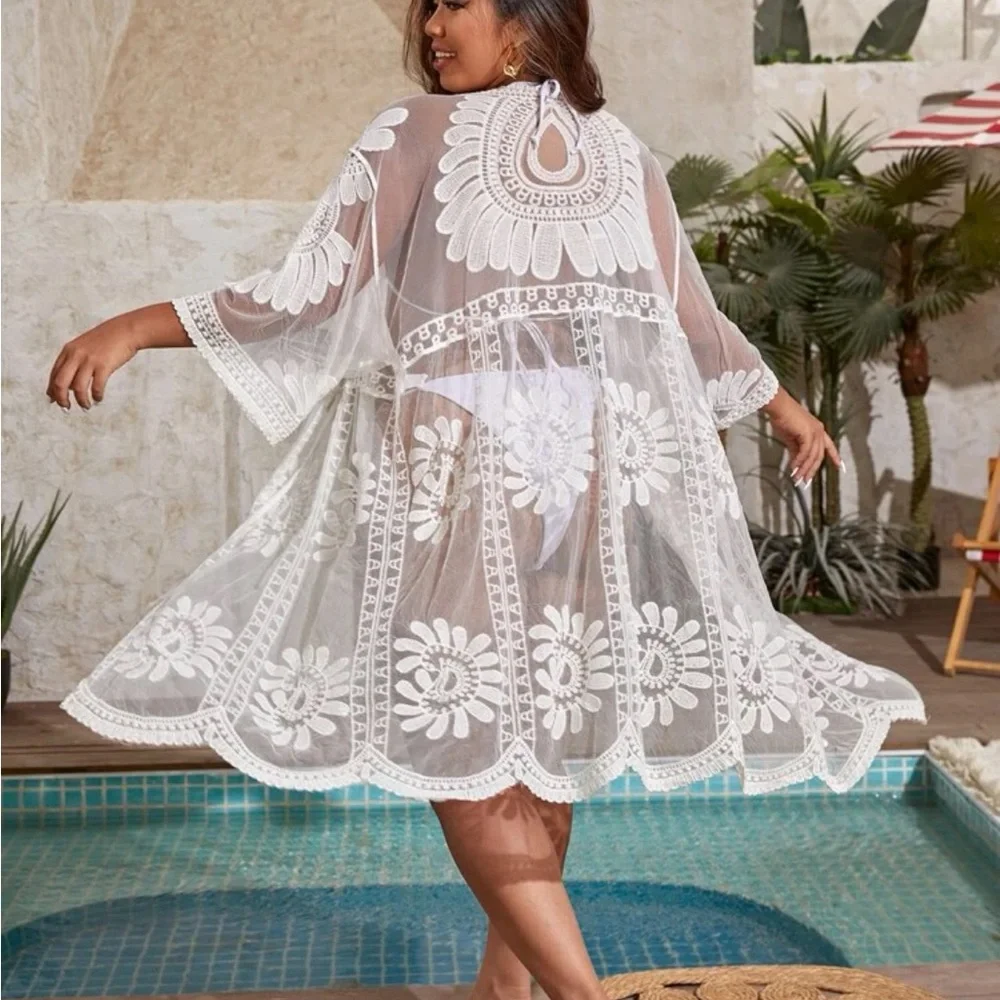 Sexy Lace Embroidery Sheer Mesh Kimono Coverup White - Picture 5 of 6